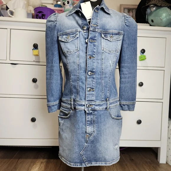 Retrofete Sibi dress Bailey distressed denim mini jean puff sleeves women's xs - Picture 3 of 17